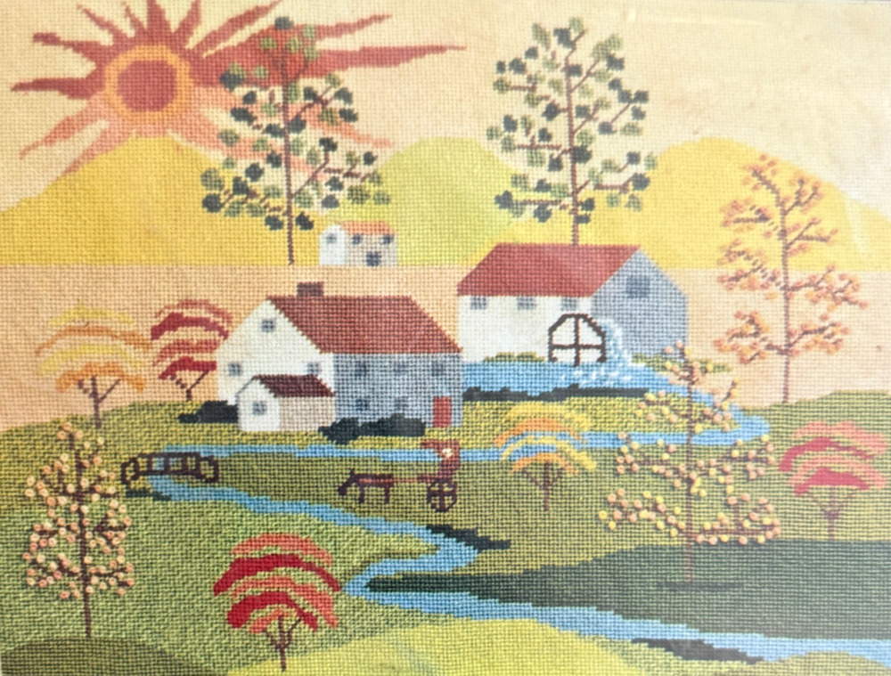 Spinnerin Needlepoint Kit Farm Scene 0104 Vintage Country Sun Trees NOS Sealed